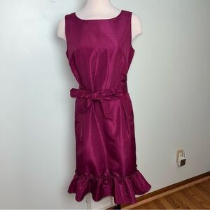 Oscar de la Renta Magenta Satin Midi Dress with Ruffle Hem